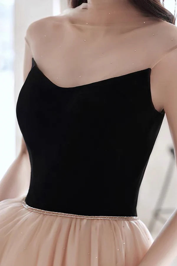 Elegant Tulle Long A-Line Prom Dress Champagne Scoop Neckline Evening Dress