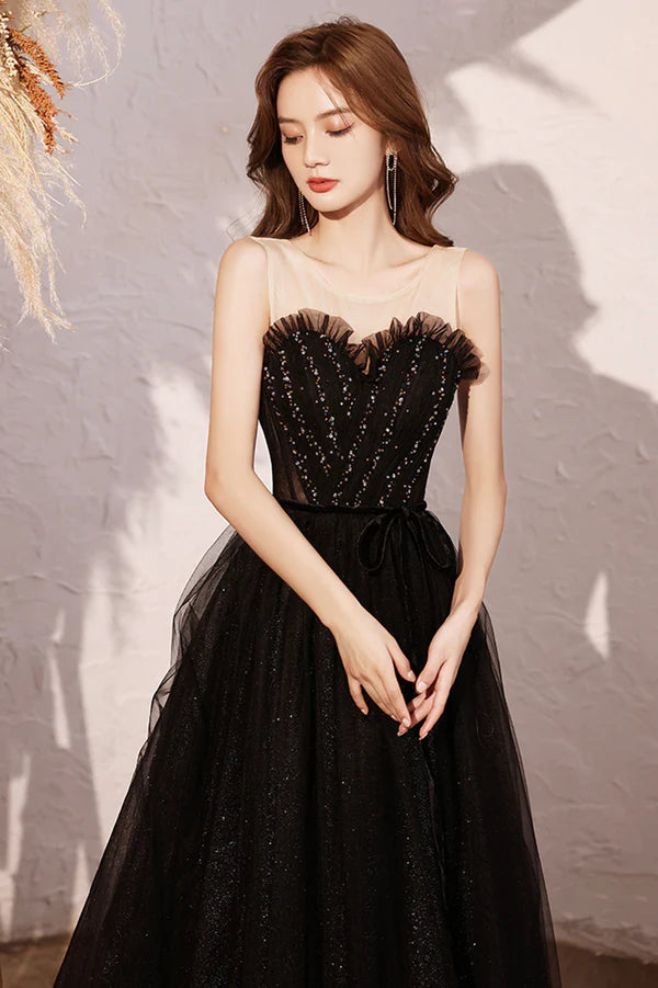 Black Scoop Neckline Tulle Long Prom Dress A-Line Evening Party Dress