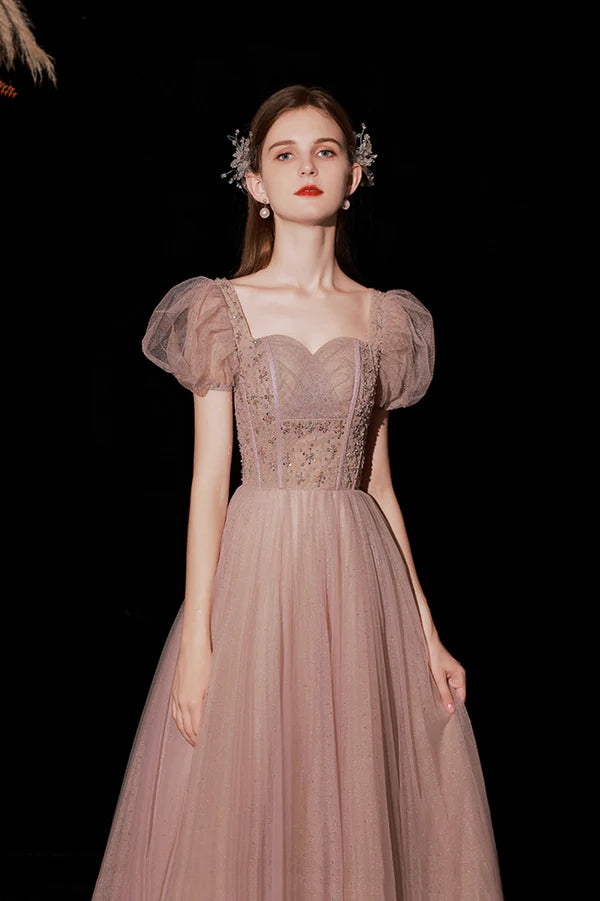 Pink Tulle Long A-Line Prom Dress with Beaded Cute Short Sleeve Evening Dress