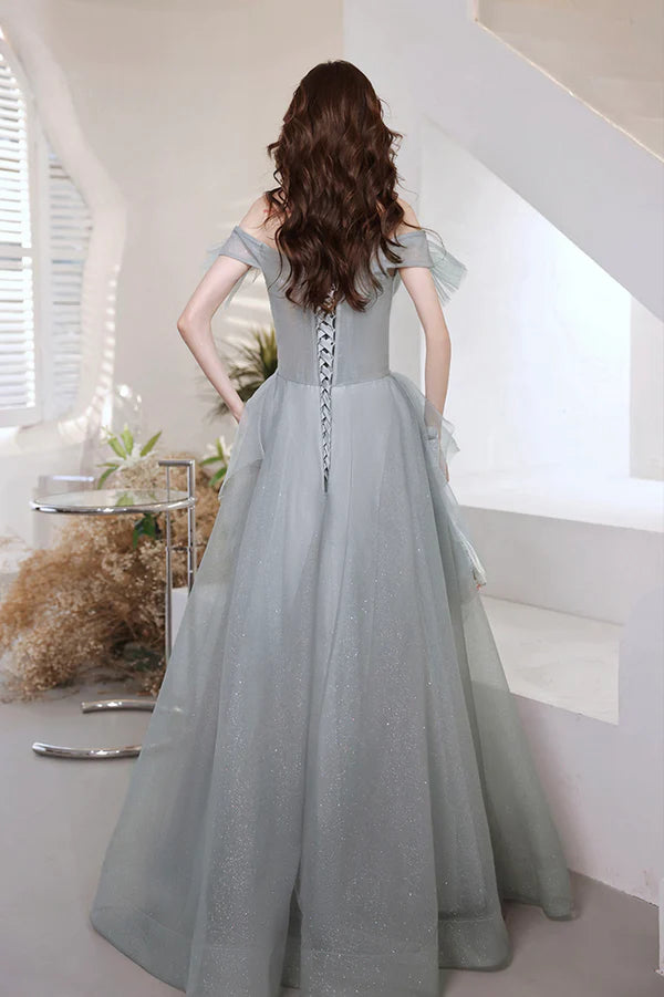 Gray Tulle Long A-Line Prom Dress Off the Shoulder Evening Party Dress