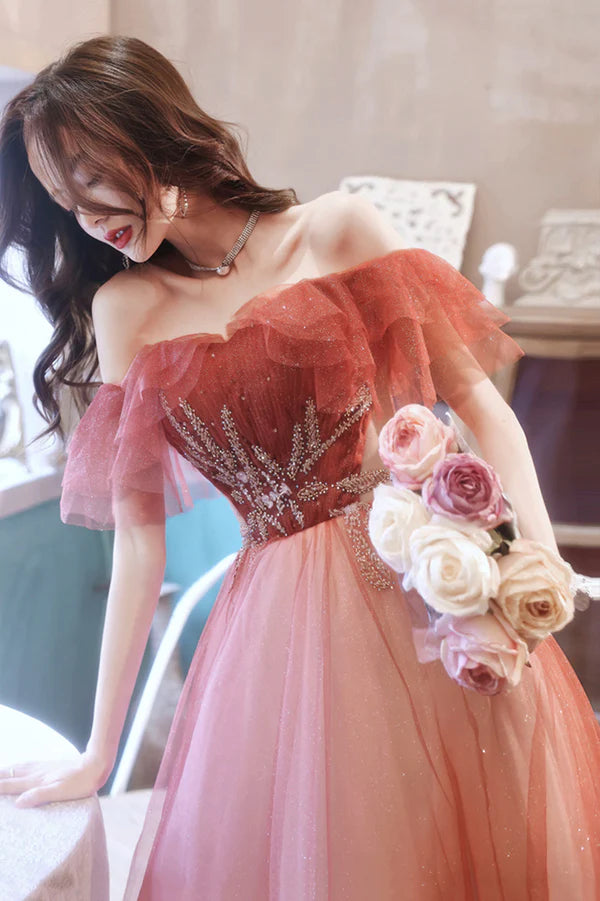 Burgundy Tulle Long A-Line Prom Dress Off the Shoulder Graduation Dress