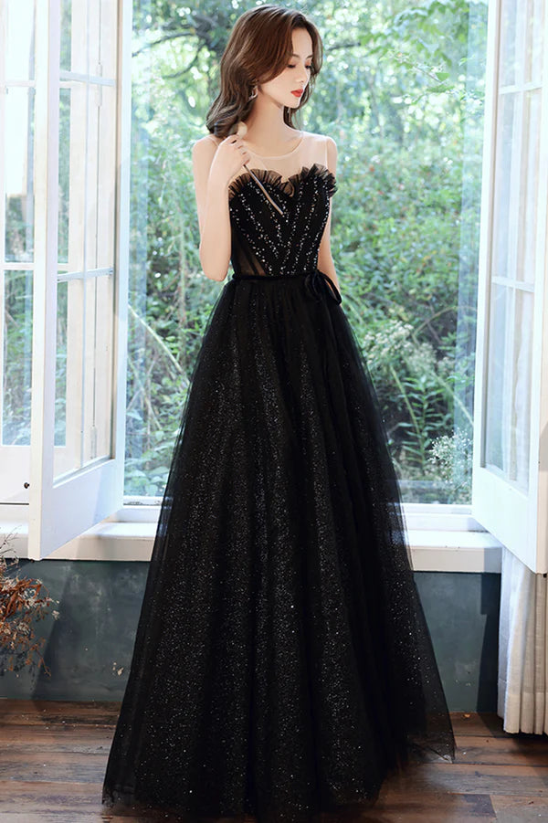 Black Scoop Neckline Tulle Long Prom Dress A-Line Evening Party Dress