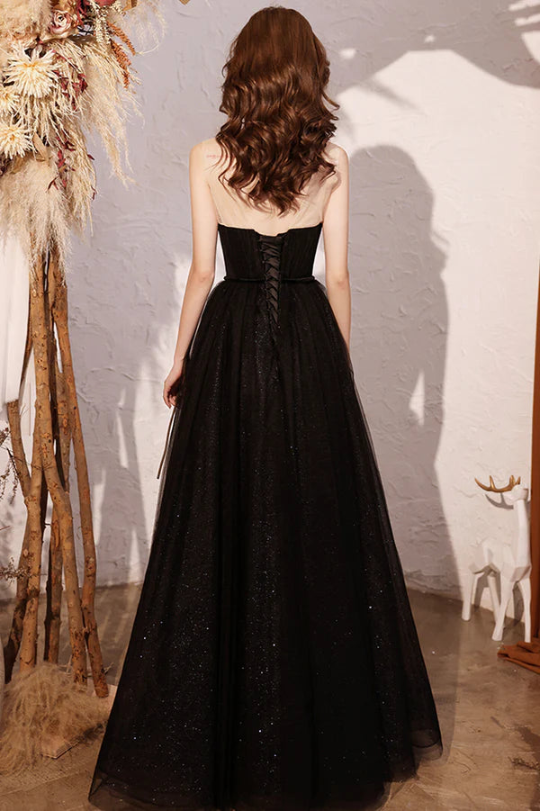 Black Scoop Neckline Tulle Long Prom Dress A-Line Evening Party Dress