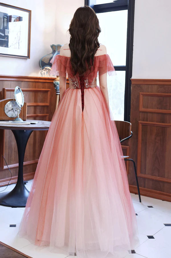 Burgundy Tulle Long A-Line Prom Dress Off the Shoulder Graduation Dress