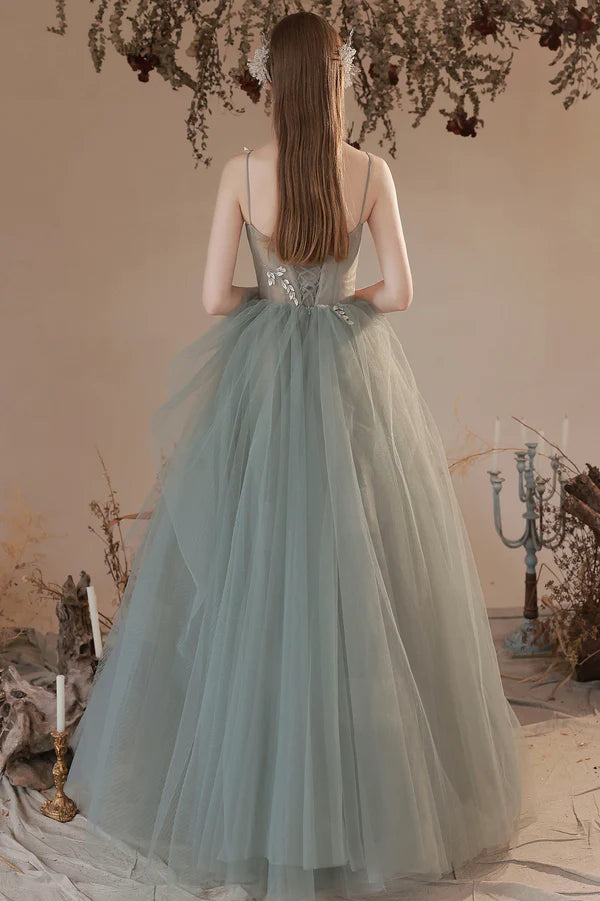 Light Green Tulle with Lace Long Prom Dress Green Evening Party Dress