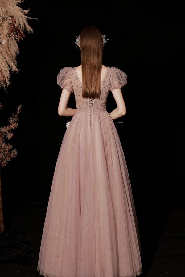 Pink Tulle Long A-Line Prom Dress with Beaded Cute Short Sleeve Evening Dress