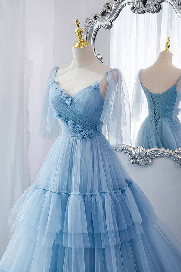 Blue V-Neck Tulle Long Prom Dress A-Line Evening Party Dress