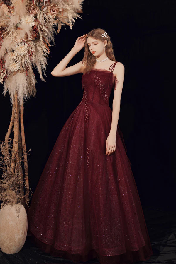 Burgundy A-Line Shiny Tulle Long Prom Dress Lovely Lace-Up Graduation Dress