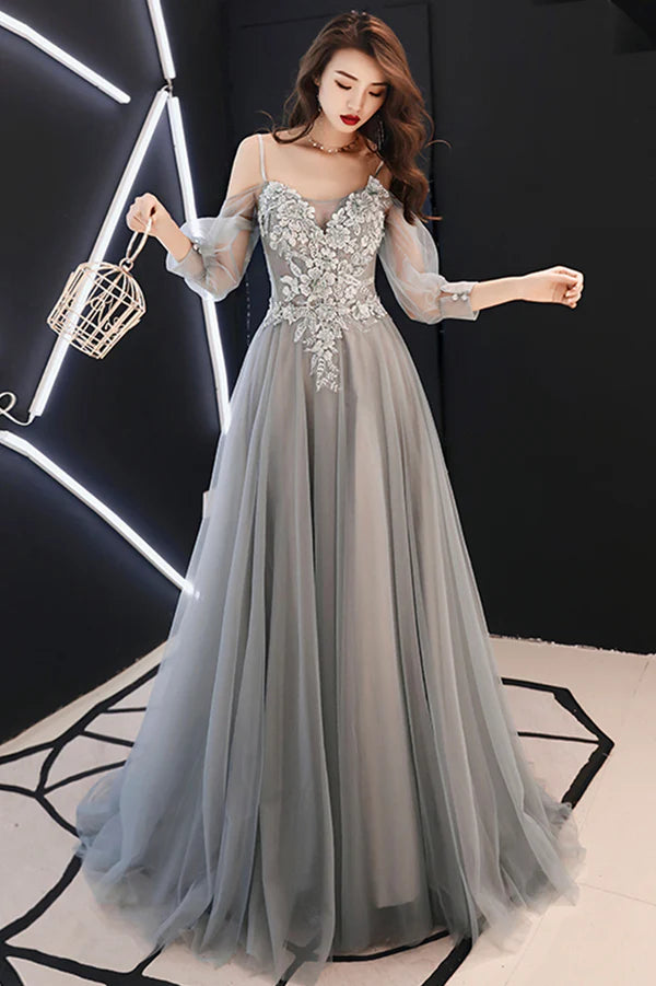Gray Tulle Lace Long Prom Dress A-Line Long Sleeve Evening Dress