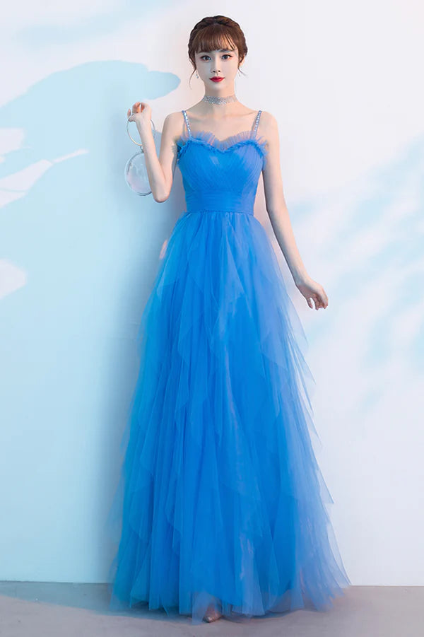 Blue Spaghetti Strap Tulle Long Prom Dress Cute Blue Evening Party Dress