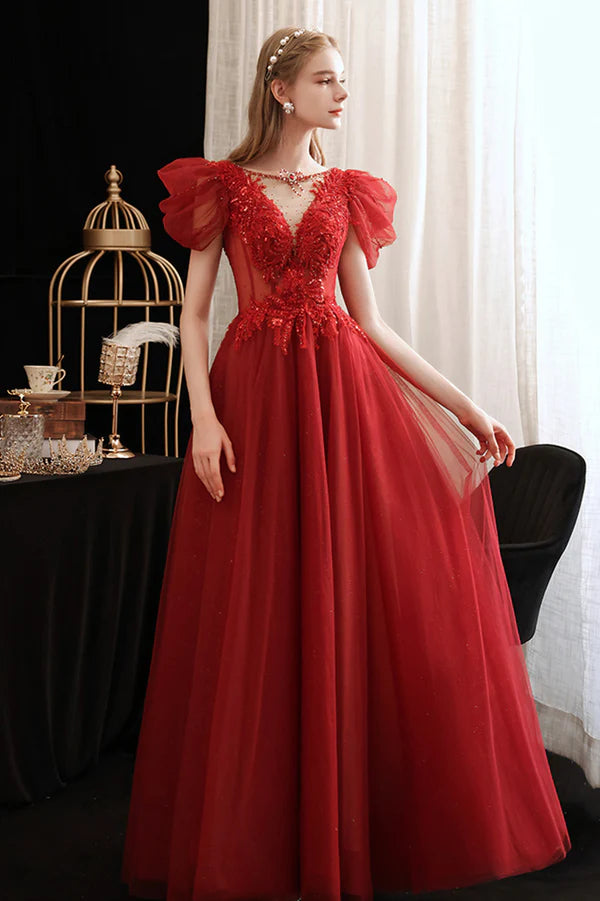 Burgundy Lace Long Prom Dress with Sequins Cute Puff Sleeve Graduation Dress