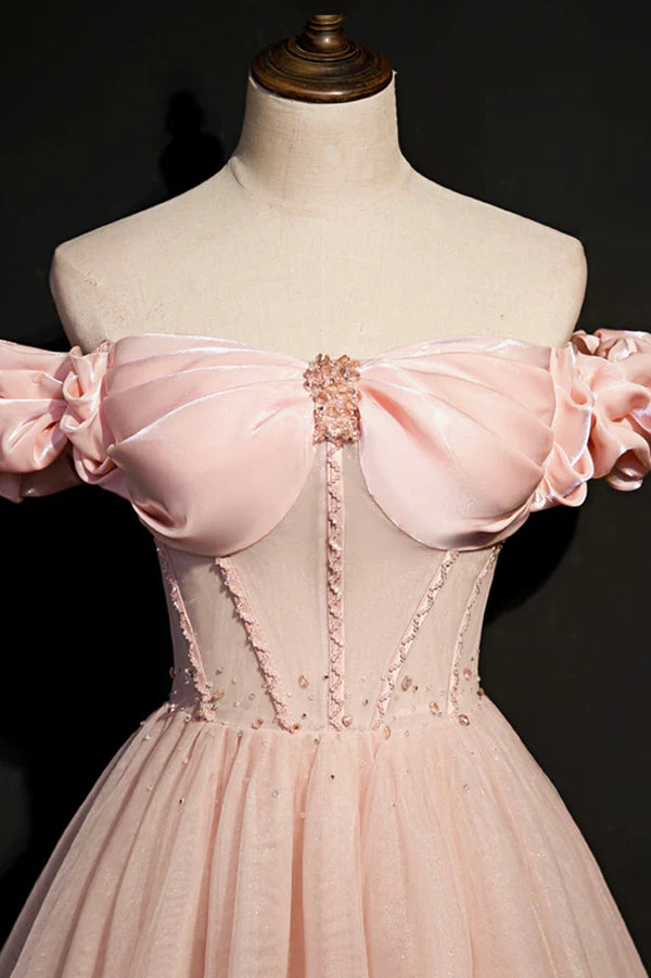 Pink Tulle Beaded Long A-Line Prom Dress Pink Off the Shoulder Evening Dress