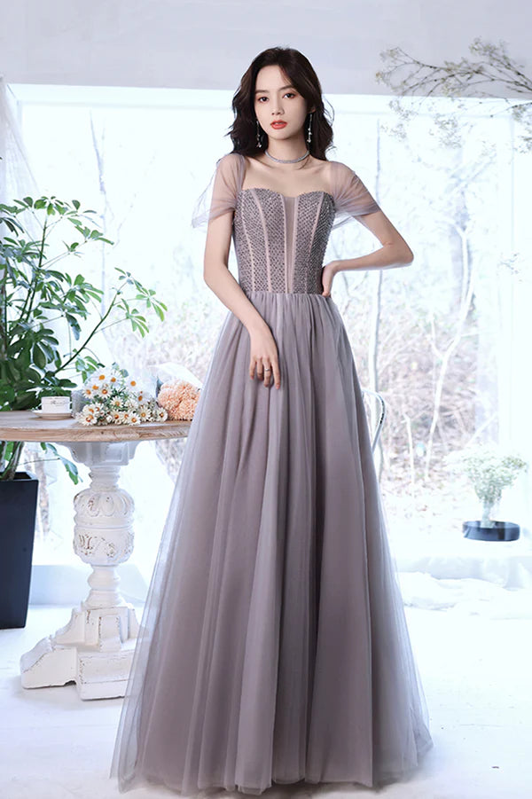 A-Line Tulle Long Prom Dress with Beaded Purple Evening Graduation Dress