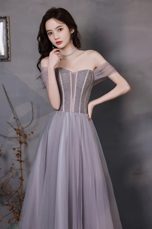 A-Line Tulle Long Prom Dress with Beaded Purple Evening Graduation Dress