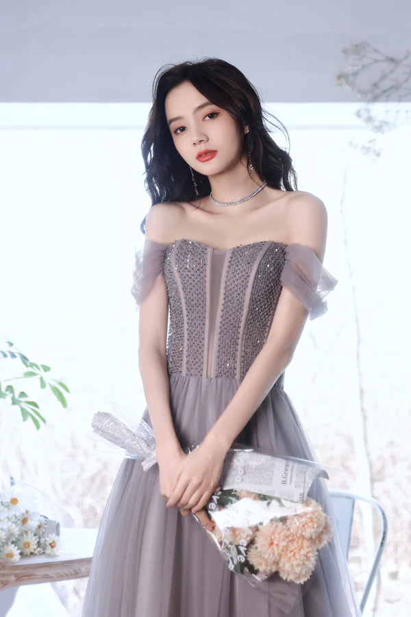 A-Line Tulle Long Prom Dress with Beaded Purple Evening Graduation Dress