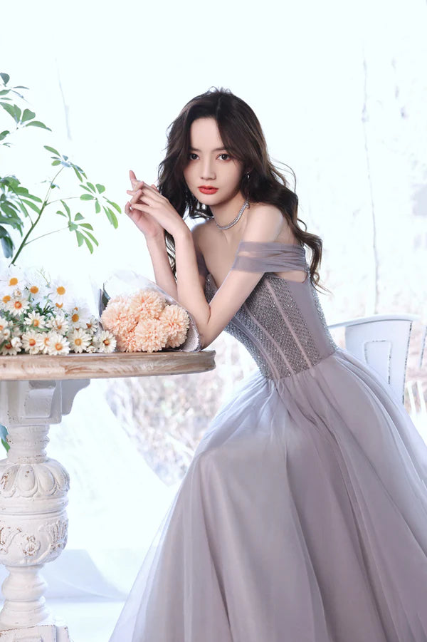 A-Line Tulle Long Prom Dress with Beaded Purple Evening Graduation Dress