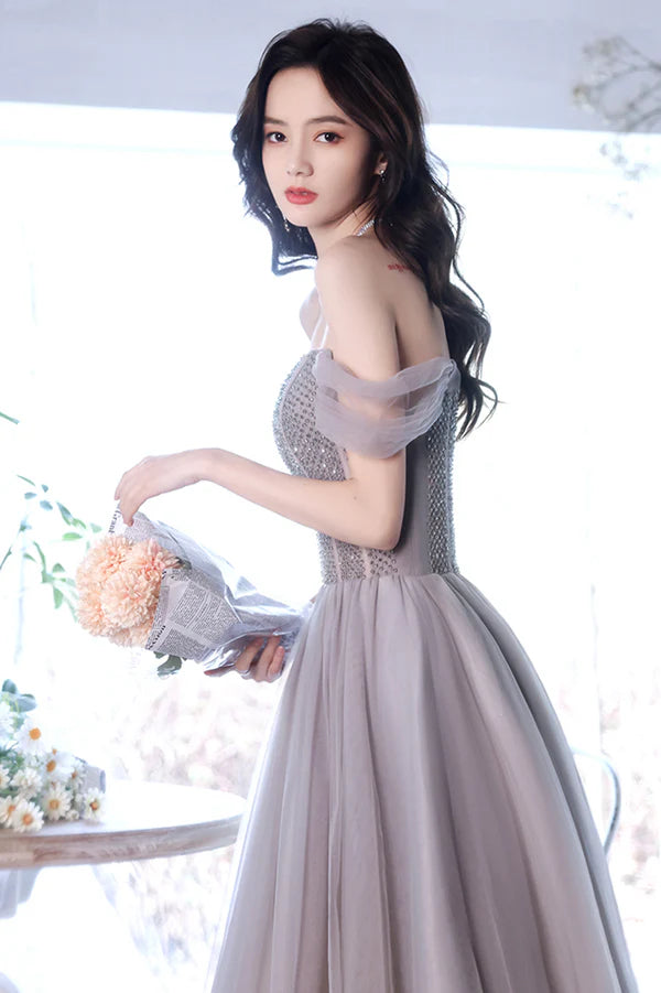 A-Line Tulle Long Prom Dress with Beaded Purple Evening Graduation Dress