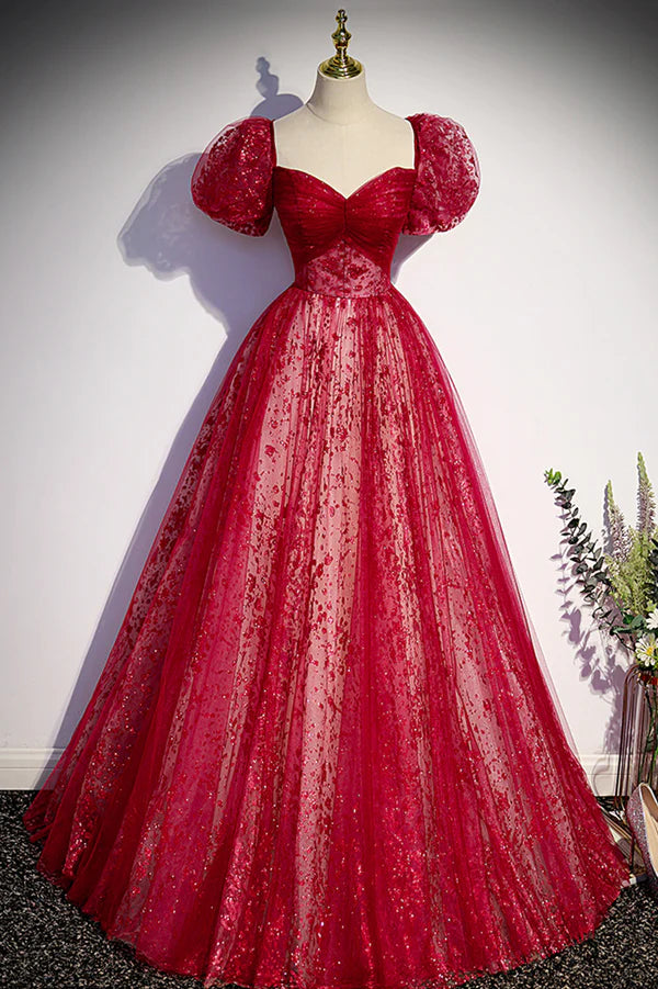 Burgundy Tulle Long Prom Dress with Sequins A-Line Short Sleeve Evening Dress