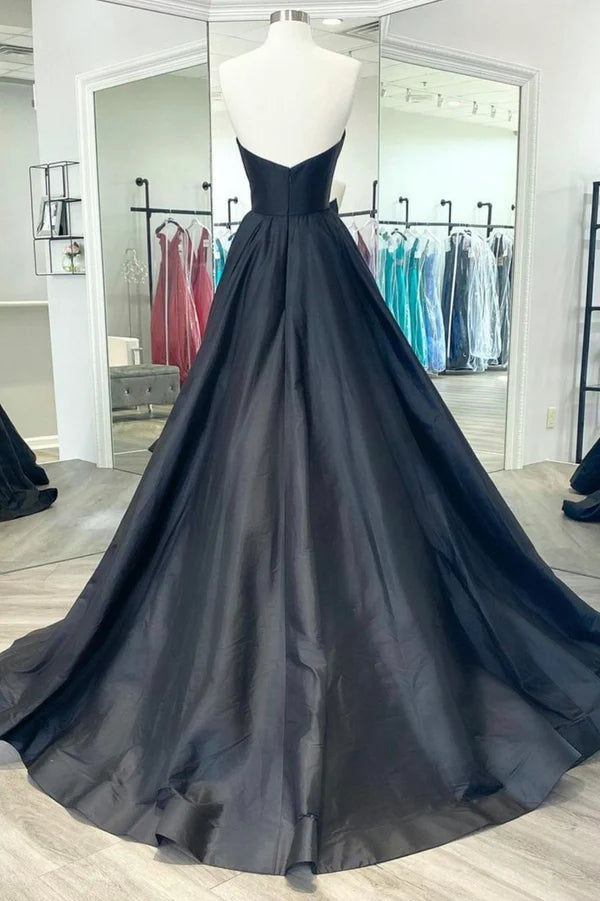 Black Strapless Satin Long Prom Dress Black A-Line Evening Dress