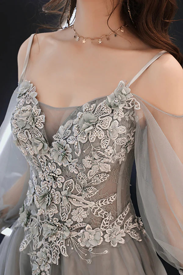 Gray Tulle Lace Long Prom Dress A-Line Long Sleeve Evening Dress