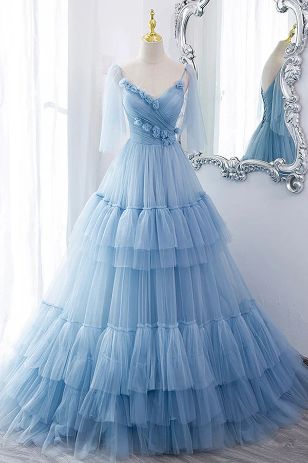 Blue V-Neck Tulle Long Prom Dress A-Line Evening Party Dress