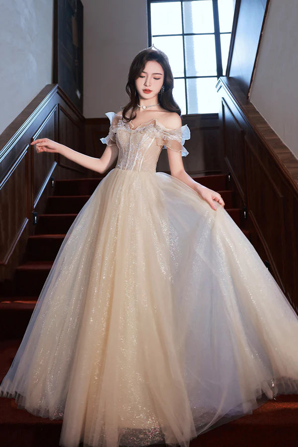 Champagne Off the Shoulder Lace Long Prom Dress A-Line Evening Party Dress