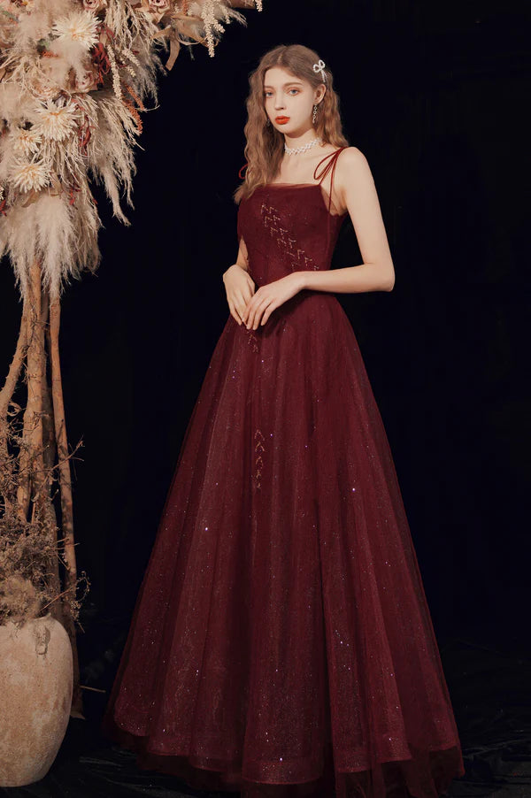 Burgundy A-Line Shiny Tulle Long Prom Dress Lovely Lace-Up Graduation Dress