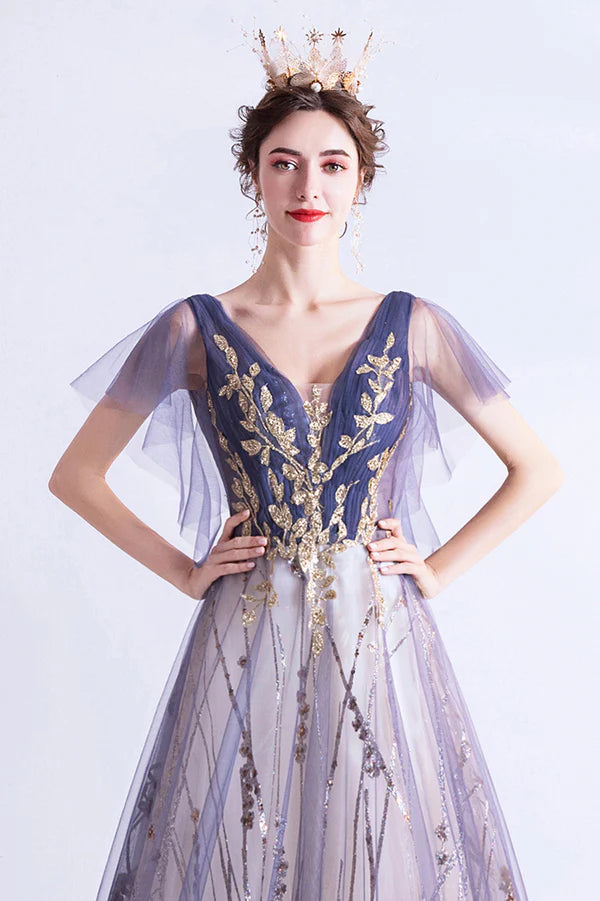 Purple V-Neck Tulle Sequins Long Prom Dress A-Line Evening Party Dress