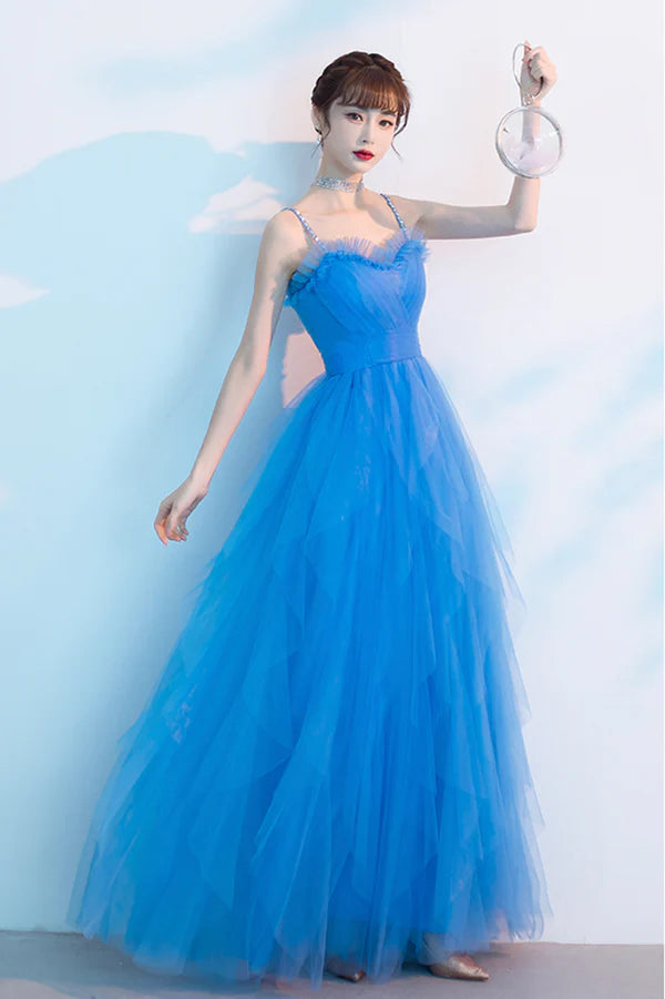Blue Spaghetti Strap Tulle Long Prom Dress Cute Blue Evening Party Dress