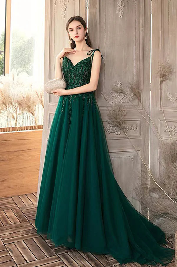 Green V-Neck Tulle Long A-Line Prom Dress Lace Evening Party Dress