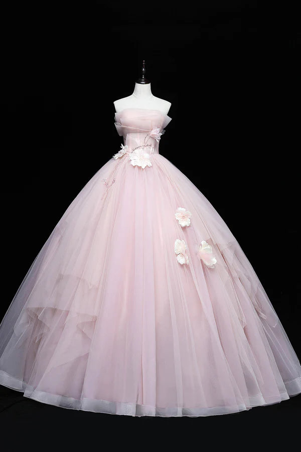 Pink Tulle Long A-Line Ball Gown Pink Strapless Princess Sweet 16 Dress