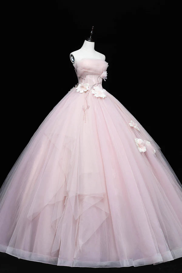 Pink Tulle Long A-Line Ball Gown Pink Strapless Princess Sweet 16 Dress