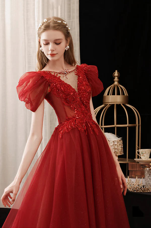 Burgundy Lace Long Prom Dress with Sequins Cute Puff Sleeve Graduation Dress