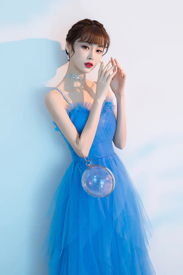 Blue Spaghetti Strap Tulle Long Prom Dress Cute Blue Evening Party Dress