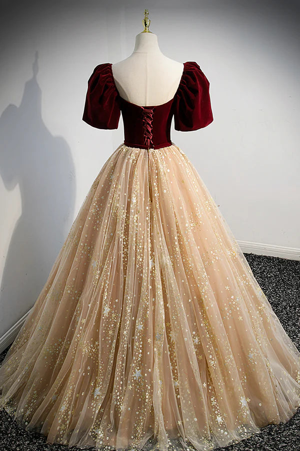 A-Line Velvet Tulle Long Prom Dress Lovely Short Sleeve Graduation Dress