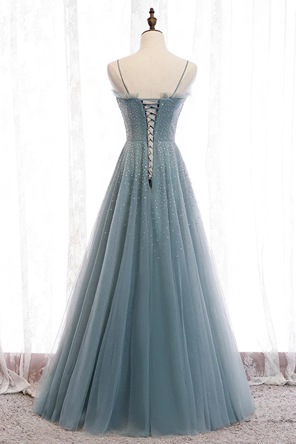 A-Line Spaghetti Straps Tulle Beaded Long Prom Dress Cute Evening Party Dress