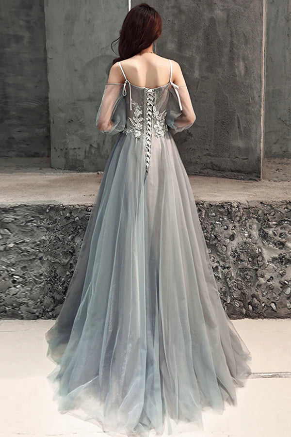 Gray Tulle Lace Long Prom Dress A-Line Long Sleeve Evening Dress
