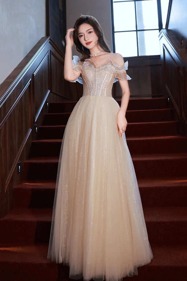 Champagne Off the Shoulder Lace Long Prom Dress A-Line Evening Party Dress