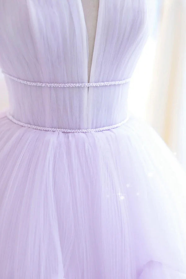 Purple Tulle Long A-Line Prom Dress A-Line Strapless Evening Gown