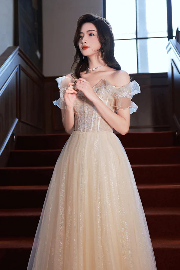 Champagne Off the Shoulder Lace Long Prom Dress A-Line Evening Party Dress