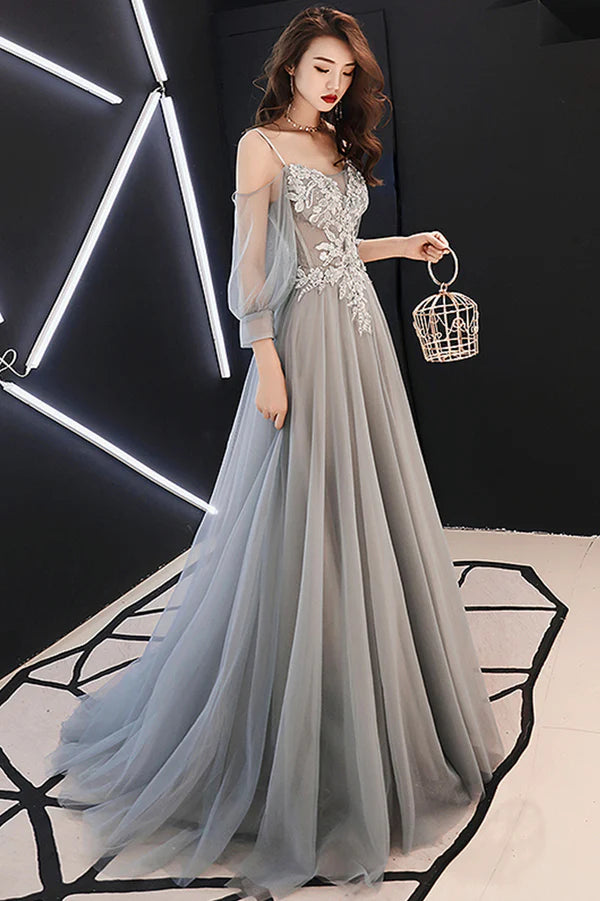 Gray Tulle Lace Long Prom Dress A-Line Long Sleeve Evening Dress