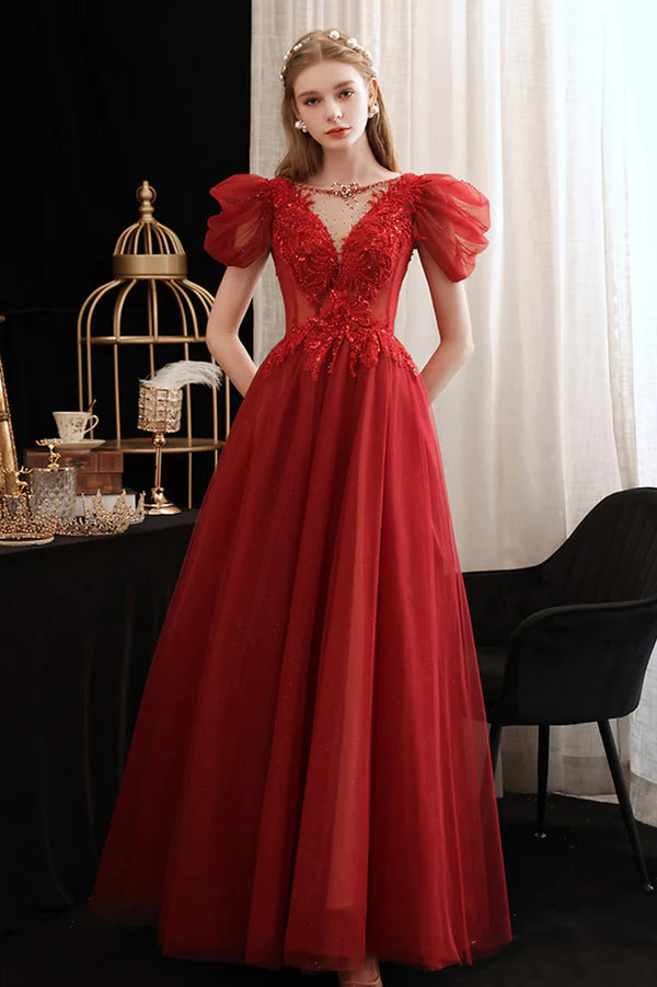 Burgundy Lace Long Prom Dress with Sequins Cute Puff Sleeve Graduation Dress