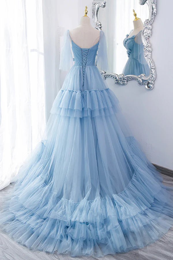 Blue V-Neck Tulle Long Prom Dress A-Line Evening Party Dress