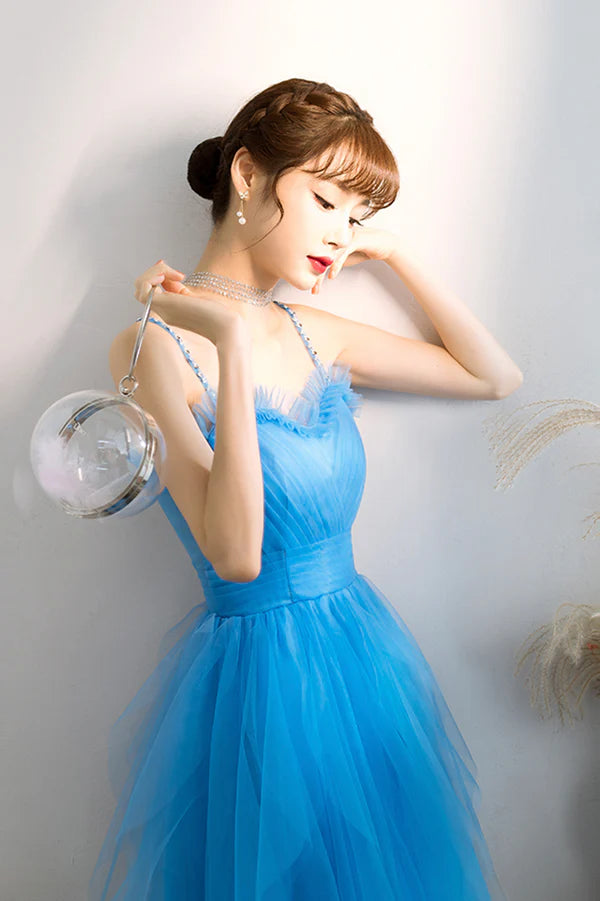 Blue Spaghetti Strap Tulle Long Prom Dress Cute Blue Evening Party Dress