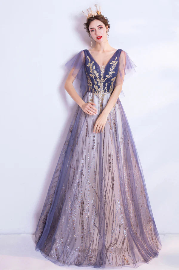 Purple V-Neck Tulle Sequins Long Prom Dress A-Line Evening Party Dress