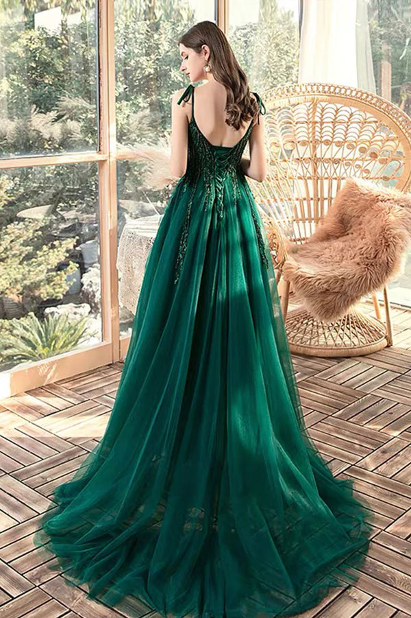 Green V-Neck Tulle Long A-Line Prom Dress Lace Evening Party Dress