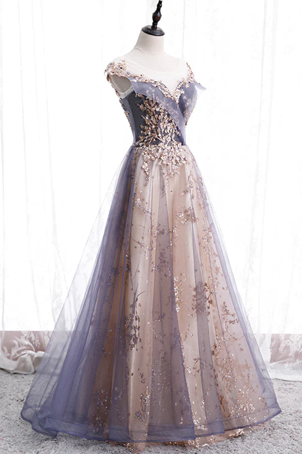 A-Line Tulle Long Prom Dress with Sequins Cute Scoop Neckline Evening Dress