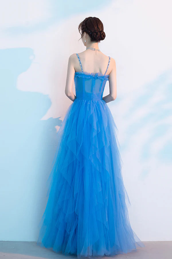 Blue Spaghetti Strap Tulle Long Prom Dress Cute Blue Evening Party Dress