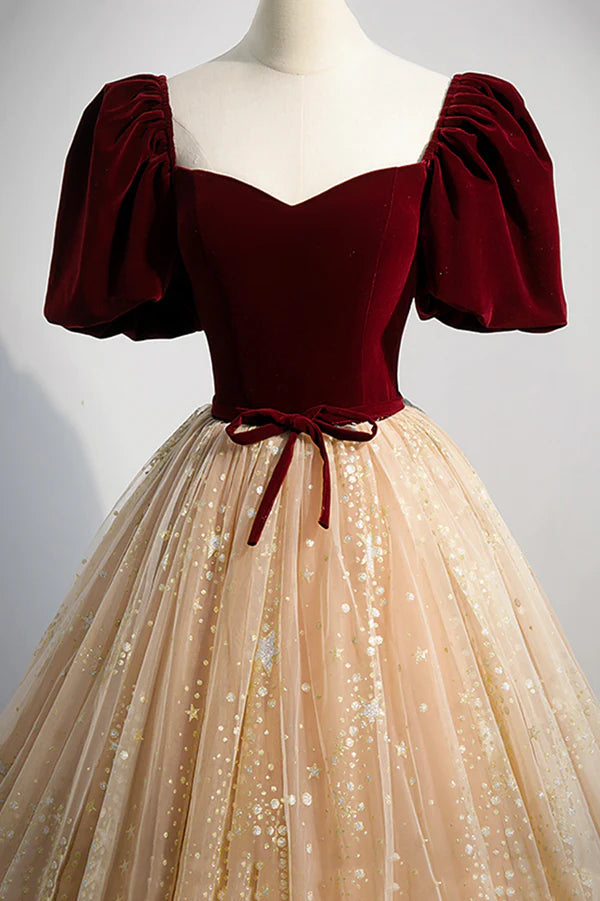 A-Line Velvet Tulle Long Prom Dress Lovely Short Sleeve Graduation Dress