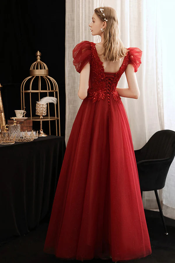 Burgundy Lace Long Prom Dress with Sequins Cute Puff Sleeve Graduation Dress